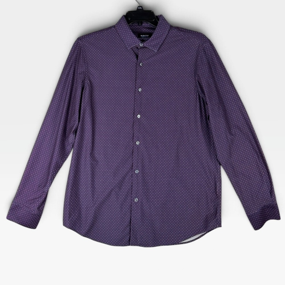 Bugatchi Button Down OoohCotton Tech Mens Large Purple Geometric Stretch EX